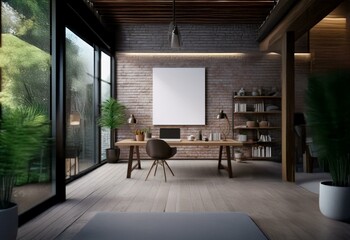 Modern minimalist workspace with a desk, chair, and a large blank canvas.