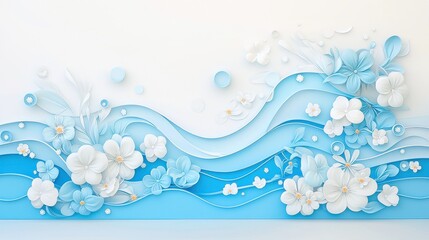 Poster - Blue mural featuring whimsical soft sculpture accents, flowing along a wall in a finely detailed 3D cartoon style