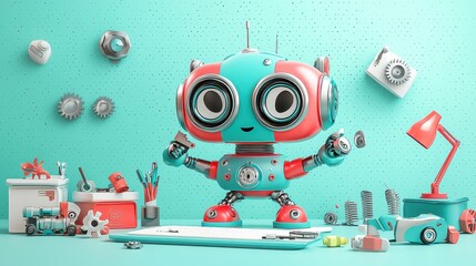 Poster - A cute red and blue steampunk robot with realistic metal accents and plush arms, adjusting gears in a cartoonish workshop filled with soft sculptures and gadgets