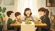 © KYR - A mother and her kids laughing and eating together at the dinner table, framed with a clean space for text.