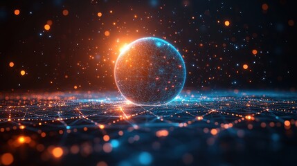 A glowing sphere sits atop a network of lines and points, representing a digital world or a futuristic technology concept.