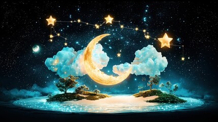 Poster - A soft sculpture of a dreamy moon and stars set in a whimsical night sky, with glowing effects and plushy textures that add a sense of calm and serenity
