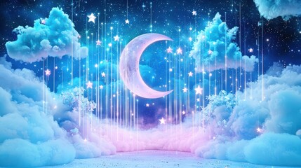 Poster - A soft sculpture of a dreamy moon and stars set in a whimsical night sky, with glowing effects and plushy textures that add a sense of calm and serenity
