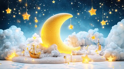 Poster - A soft sculpture of a dreamy moon and stars set in a whimsical night sky, with glowing effects and plushy textures that add a sense of calm and serenity
