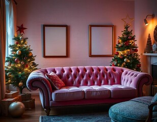 Wall Mural - mockup blank frame, Scandinavian living room, pink sofa, Christmas tree, Christmas decoration, wall hanging paintings