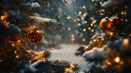 Wall Mural - A snowy Christmas Day with twinkling lights and ornaments on evergreen trees