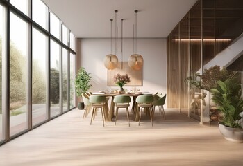 Poster - Modern dining room with large windows, wooden table and chairs, and hanging light fixtures.