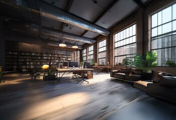 Aufkleber - A modern office with an industrial aesthetic.  The space features large windows with views of a city skyline.  The office is furnished with a desk, chairs, and a sofa.