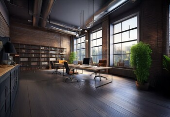 Poster - An industrial-style office space with a large desk and windows overlooking a view.