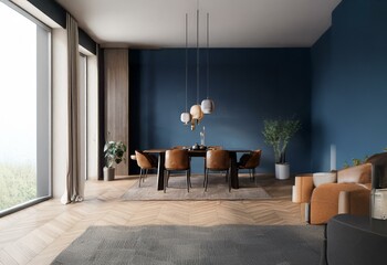 Poster - A modern dining room with a wooden table and brown leather chairs, a grey rug, wooden floors, and blue walls.