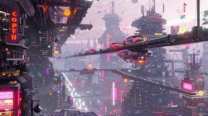 Leinwandbilder - This bustling city features self-driving cars on elevated roads, with drones and intelligent traffic lights enhancing urban mobility. Generative AI