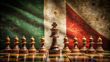 A lone chess king stands tall amidst a line of pawns, a symbol of leadership and power, against a backdrop of a weathered flag, suggesting a struggle for dominance and the weight of responsibility.