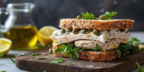 Rustic flat lay of tuna and capers sandwich with curly greens on a wooden board, cut in two to showcase the filling. Lemon slices, olive oil jar, and herbs complete the scene.