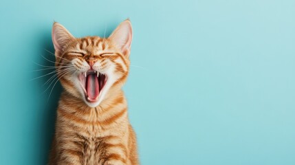 a playful ginger kitten yawns widely against a bright blue background, capturing a moment of feline 