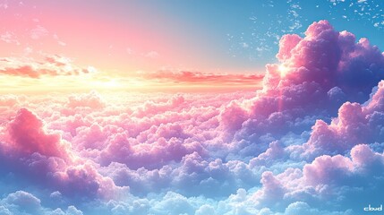 Wall Mural - a beautiful view of a bright, pastel-colored sunrise peeking through the clouds.