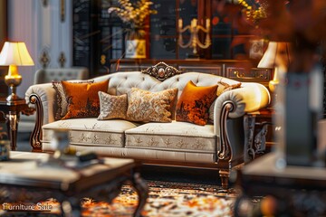 Poster - Transform your space with a chic living room filled with beautiful furniture pieces and decorative items, all on sale now. Generative AI