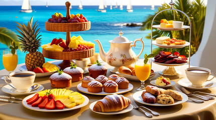 Poster - Breakfast on the seashore. There is fresh fruit, cakes, coffee, bread, cheese, eggs,  juice.