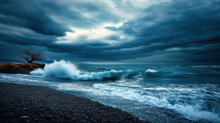 Wall Mural - rocky beach with crashing waves under cloudy sky creates dramatic and moody atmosphere. turbulent se