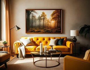 Wall Mural - Cozy Scandinavian living room with yellow upholstered sofa, framed landscape painting on the wall, coffee table with lamp and decor