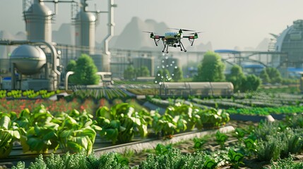 Aufkleber - A high-tech farm features drones and sensors managed by AI, ensuring effective monitoring and enhancing cropping techniques in agriculture. Generative AI