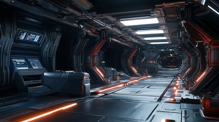 Wall Mural - a futuristic spaceship corridor with glowing orange lights and metallic walls.