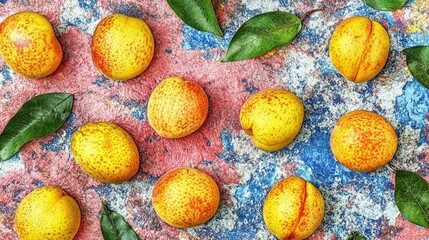 Aufkleber - Apricots on a Vibrant Pink Surface Fresh Seasonal Fruit Emphasizing Fruit Growth Nutrient Rich Natural Food Minimalist Style Flat Lay Overhead Perspective Design