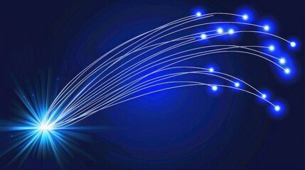 Glowing fiber optic cables emitting blue light on dark background