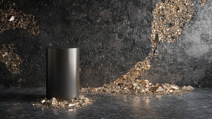 Aufkleber - 3D render featuring an abstract backdrop of dark cobblestone remnants fragmented stones and gold nuggets Contemporary minimalist display scene with a vacant cylindrical pedestal for product showca