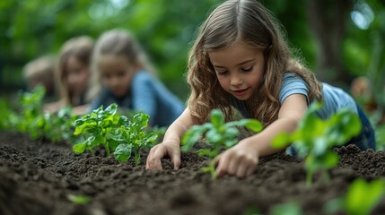 A young girl plants a seedling in a garden bed, while other children are out of focus behind her.