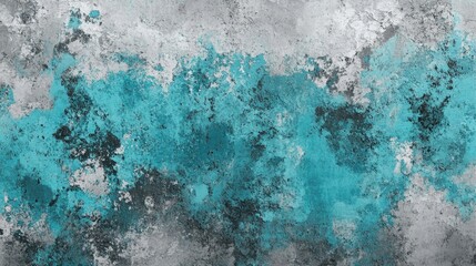 Poster - Abstract texture of exfoliated concrete wall showcasing shades of turquoise aquamarine black and gray in a rustic style