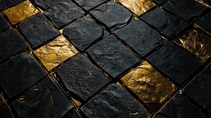 Aufkleber - 3D render of an abstract minimal background featuring textured black and gold cobblestones reflecting on a wet floor Stylish platform made of coal stone for product display