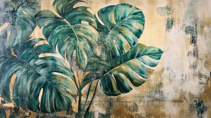 Poster - Artwork featuring lush tropical leaves against a textured worn backdrop