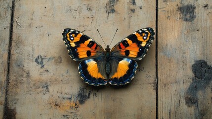 Aufkleber - Butterfly with wings spread isolated against a wooden backdrop