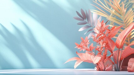 Aufkleber - 3D rendering of an abstract podium display featuring tropical leaves and coral pink plants Suitable for product promotion and advertising set against a soft blue natural backdrop