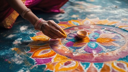 An artist creating an elaborate rangoli design on the floor with colorful powders, showcasing the creative aspect of Diwali traditions.