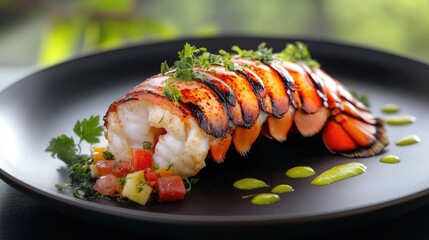 Sticker - An elegant lobster tail dish on a black plate, with vibrant garnishes and gourmet presentation, perfect for a luxurious dining setting.