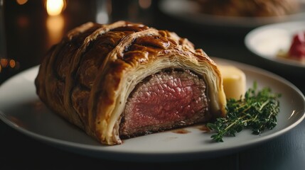 Poster - An exquisite Beef Wellington dish, beautifully plated with rich colors and textures, highlighted by a dark backdrop.