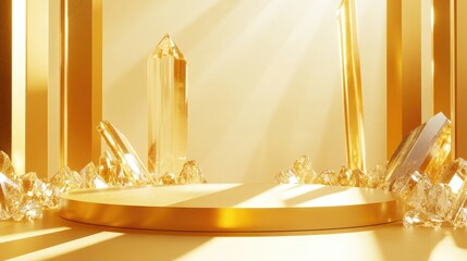 Poster - Abstract gold stage platform featuring crystal elements designed as a template for product advertising 3D rendering