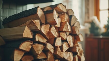 Aufkleber - A large pile of firewood prepared for a cozy fireplace providing warmth