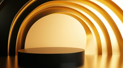 Aufkleber - 3D abstract studio space featuring a pedestal podium Black geometric platform accented with golden circular layers in the background Elegant setting for showcasing cosmetic products and promotiona