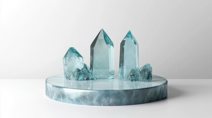 Aufkleber - 3D rendered abstract podium with a white background Gemstone pedestal for product display Isolated crystals Empty showcase for promotional mock up Minimal transparent blue glass round stage