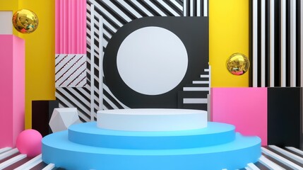 Aufkleber - 3D render of abstract colorful geometric shapes featuring a blank product display mockup with an empty stage and a round white podium surrounded by assorted pink blue yellow and black blocks