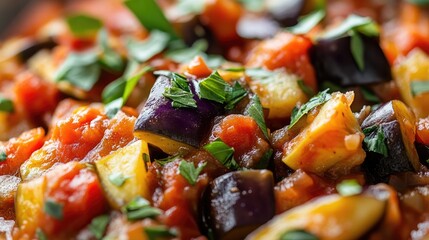 Aufkleber - Close Up of Vegetable Stew Featuring Eggplant and Tomato Sauce