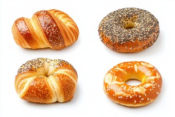 Collection of 4 bread bun pile set. Croissant, Pretzel, Everything bagel, Plain bagel on white