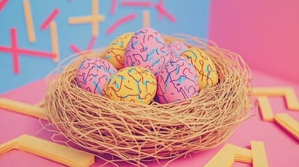 Poster - Close up of decorative eggs in a natural nest on a wooden surface Celebratory concept for the holiday Elevated view