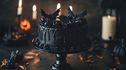 Canvas Print - Spooky Halloween cake decorated with edible bats and black frosting on a dark, festive table setting, creating an eerie holiday vibe.