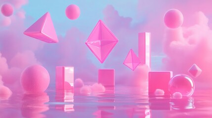 Aufkleber - 3D Illustration Of Colorful Geometric Objects Floating In A Surreal Pink Neon Background Meta Aesthetics Metaverse Banner For Digital Wallpaper