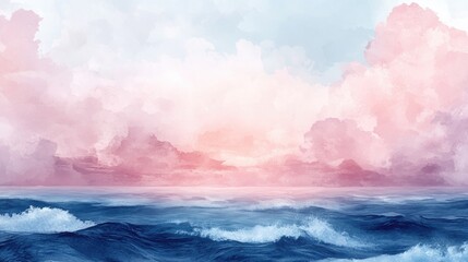 Poster - Abstract Watercolor Colorful Sea And Sky Painting Illustration Wallpaper Navy Deep And Pastel Pink Twilight Evening View Sky With Clouds Print Poster Background