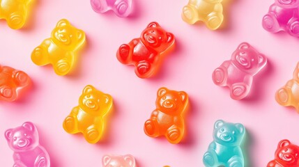 Poster - Colorful Jelly Bears on a Soft Pink Background
