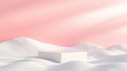 Aufkleber - 3D rendering of a modern minimalistic background featuring an empty white square podium situated on white sand against a pink backdrop